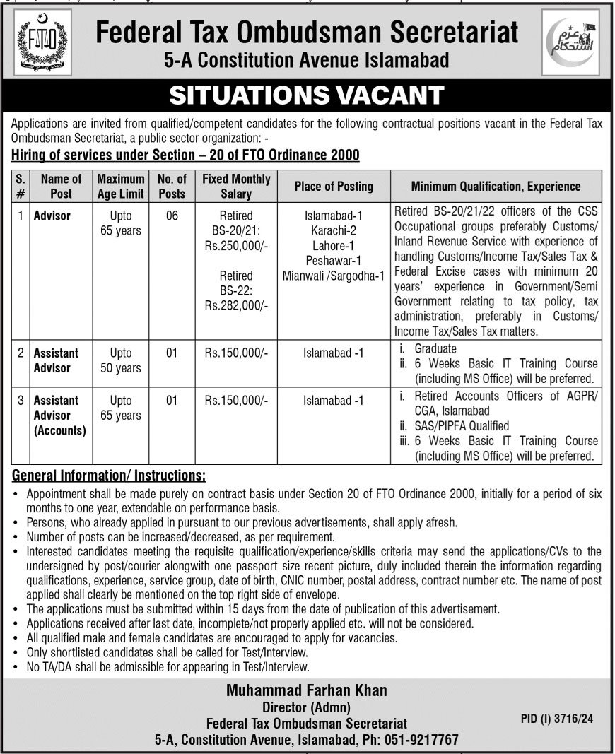 Latest Jobs Announcement At Federal Tax Ombudsman Secretariat